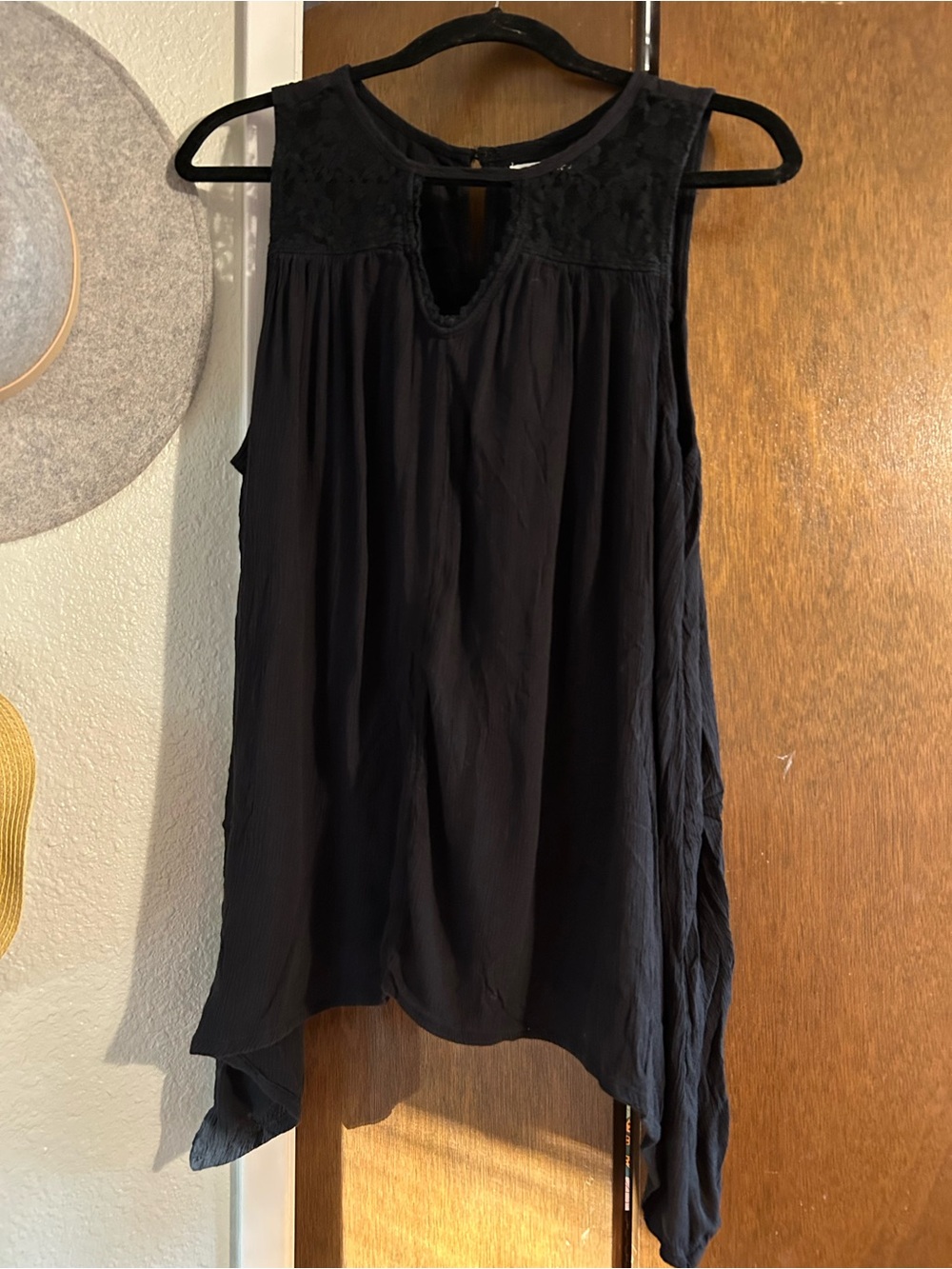 Maurices Black Sleeveless Lace Yoke Hi-Low Tank Top
